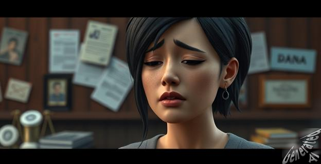 Una imagen de una mujer llorando frente a un tribunal, con un fondo de documentos y objetos relacionados con la causa DANA.