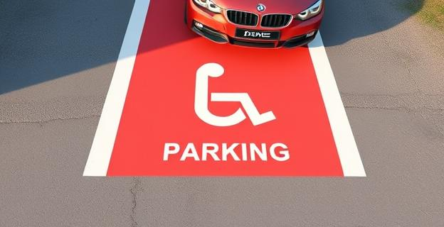 Imagen de una plaza de parking reservada para discapacitados con un coche estacionado incorrectamente y un símbolo de multa en el parabrisas.