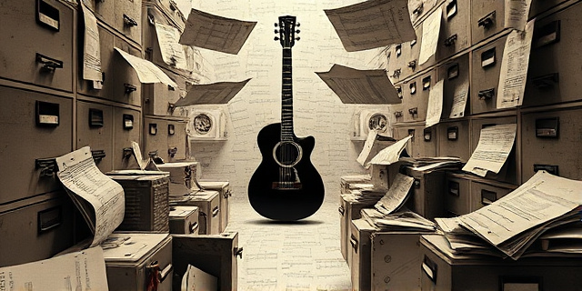 Una composición abstracta en tonos sepia y grises. Un laberinto de partituras musicales desordenadas que convergen en una silueta difuminada de una guitarra. En el centro del laberinto, una sombra con forma de toga romana, simbolizando el poder y la corrupción. El fondo debe evocar un ambiente de oficina burocrática, con papeles amontonados y archivadores oxidados. Estilo pictórico expresionista.
