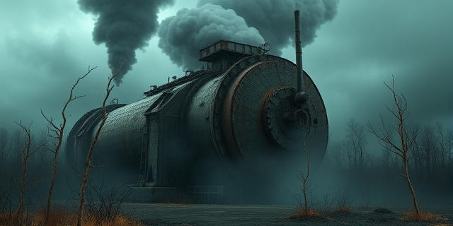 Una representación artística de una máquina gigantesca, oxidada y abandonada, intentando aspirar una atmósfera densa y oscura llena de humo. La máquina está rodeada de árboles raquíticos y un cielo tormentoso. El estilo debe ser realista y sombrío, con una paleta de colores apagados y contrastes fuertes. Transmitir una sensación de fracaso tecnológico y desesperanza ambiental.