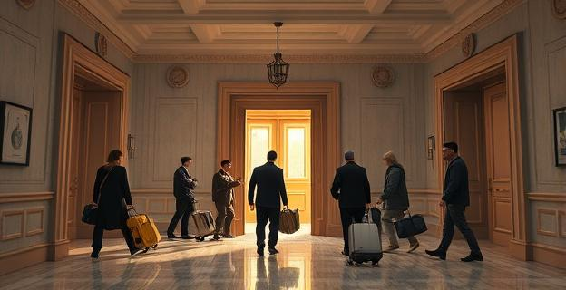 Imagen de un hotel en reforma con puertas forzadas y personas desalojando el edificio con equipaje y pertenencias. La escena muestra un ambiente de desalojo con policías presentes.