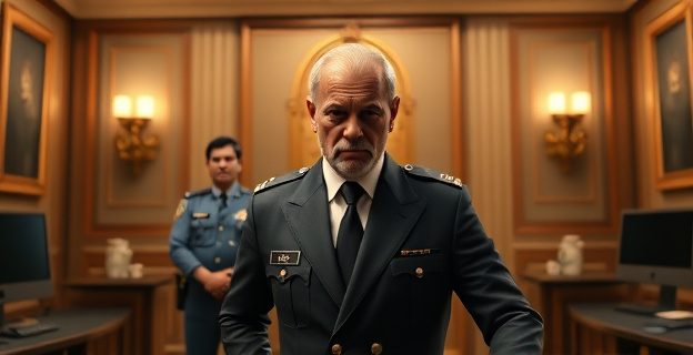 Una imagen que represente la tensión y el conflicto interno en la Policía Nacional, con un agente de policía en un segundo plano y una figura autoritaria en primer plano, rodeados de símbolos de poder como un despacho lujoso o un vehículo oficial.