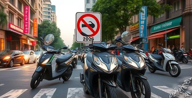 Una imagen de motocicletas eléctricas en el centro de Hanoi, con un cartel que indica la prohibición de motos de combustión a partir de 2026.