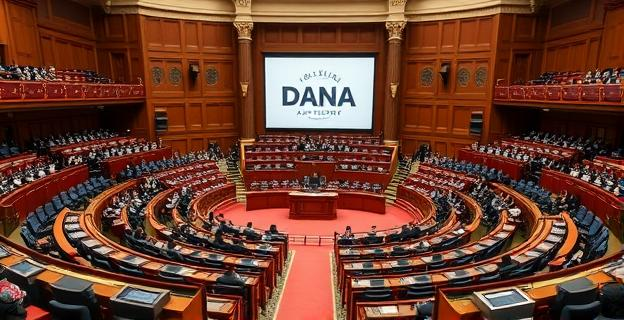 Imagen del Congreso de los Diputados en un día de sesión plenaria con diputados en sus escaños y el hemiciclo parcialmente lleno, con una pancarta o pantalla mostrando el aniversario de la DANA en la parte trasera