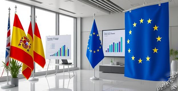 Oficina de la Unión Europea con banderas de España y UE, mostrando gráficos de estadísticas laborales y documentos legales