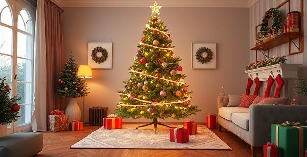 Imagen de un salón con un árbol de Navidad plegable decorado y luces integradas, en un ambiente navideño con regalos alrededor y decoraciones festivas