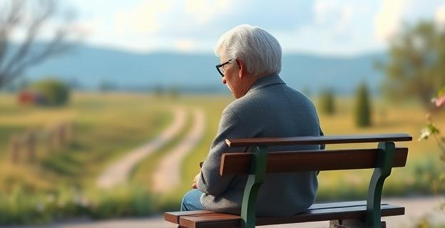 Imagen de una persona mayor sentada sola en un banco, mirando al horizonte con una mezcla de tristeza y reflexión. Al fondo, un paisaje sereno con elementos que sugieren nuevas oportunidades, como flores brotando o un camino que se extiende hacia la distancia.