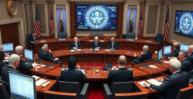 Una comisión del Senado con senadores discutiendo documentos y pantallas de ordenador mostrando gráficos de financiación política