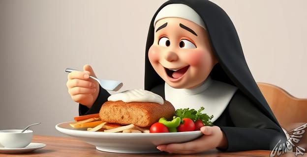 Una monja sonriendo mientras come un torrezno en un plato con verduras