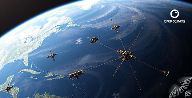 Imagen de satélites en órbita alrededor de la Tierra con un fondo de estrellas, representando la constelación atlántica, con el logotipo de Open Cosmos y la Agencia Espacial Europea prominentemente displayed.