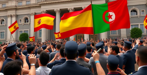 Una multitud enfurecida frente a un edificio gubernamental con banderas españolas y argelinas ondeando en el viento, mientras la policía intenta controlar la situación con porras.
