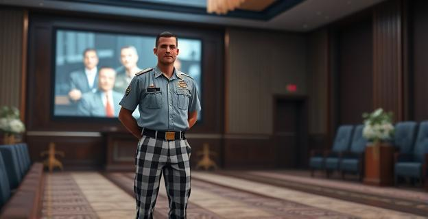 Imagen de una sala oficial con una persona de alta graduación militar en primer plano vistiendo un pantalón de cuadros y una camiseta, con un ambiente solemne al fondo y una pantalla o proyector mostrando imágenes de homenaje.