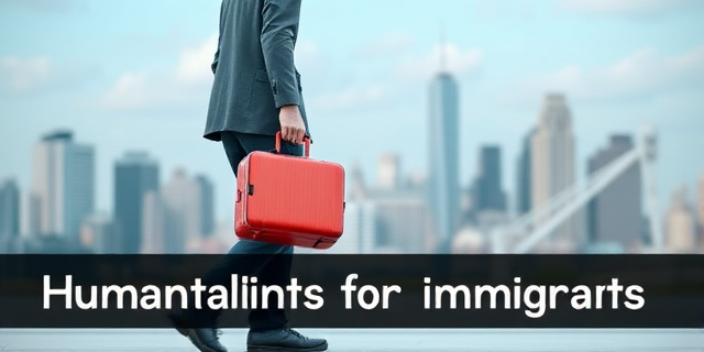 Una imagen de una persona inmigrante con una maleta en la mano, con un fondo de una ciudad grande y un titular que dice 