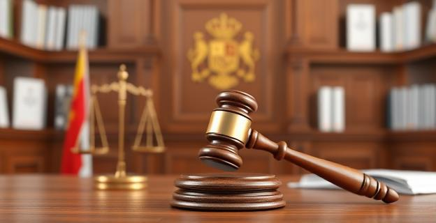 Imagen de un juzgado con un martillo de juez y una balanza, representando la justicia y la ley en España, con un fondo que sugiere documentos y expedientes judiciales.