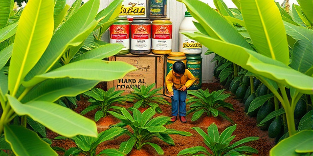 Una granja con cultivos de plátano y aguacate, con una persona intentando controlar las plagas con herramientas básicas, mientras que en el fondo se ven productos importados con etiquetas que indican la presencia de sustancias prohibidas