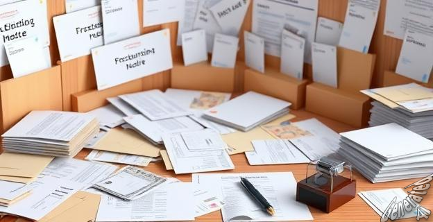 Una sala con documentos y facturas desordenados, con sobres y dinero en efectivo, y una mesa con un sello de 