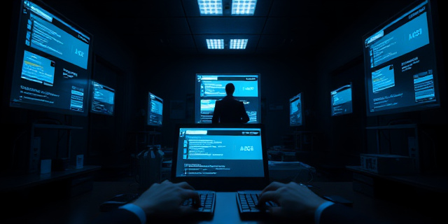 una oficina corporativa oscura, pantallas brillantes mostrando correos electrónicos, manos sobre teclados, sombras de figuras en la pared, un ambiente de tensión y burocracia