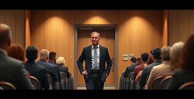 Imagen de una persona entrando en una sala de reuniones con confianza y serenidad, rodeada de gente que la mira con respeto y atención, sin necesidad de títulos o símbolos de autoridad visibles