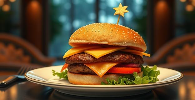 Una hamburguesa de lujo en un plato de alta gama, con carnes premium y queso exclusivo, servida en una sala privada lujosa sin cámaras ni dispositivos móviles