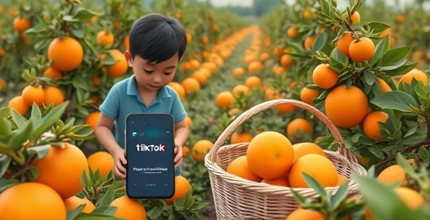 Imagen de un campo de mandarinas con una joven agricultora trabajando, mostrando una cesta de frutas frescas y un teléfono móvil con una pantalla de TikTok abierta.