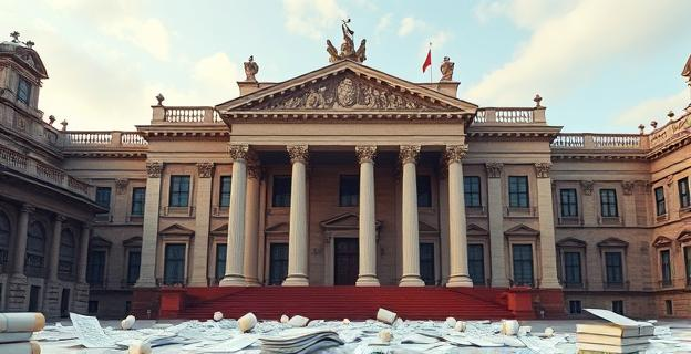 Edificio del Tribunal Supremo en Madrid con un ambiente serio y documentos legales esparcidos