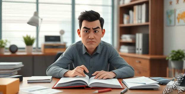 Una persona sentada en una oficina con semblante de estrés y desmotivación, rodeada de papeles y objetos de trabajo, con un diario abierto en su escritorio.