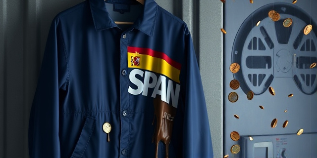Una imagen conceptual y satírica. Un chubasquero azul marino colgado de una percha, donde la bandera de España y las letras blancas se están derritiendo y despegando como si fueran cera, mientras cae una lluvia de monedas de euro sobre la prenda. Fondo gris industrial de una lavandería fría, estilo hiperrealista con iluminación dramática.