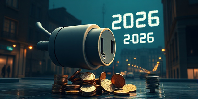 Una ilustración conceptual y satírica. Un enchufe eléctrico gigante que se transforma en una aspiradora de monedas y billetes. De fondo, un paisaje urbano español con luces tenues y un reloj digital marcando el año 2026. Estilo editorial de revista económica, colores contrastados, atmósfera de ironía burocrática.