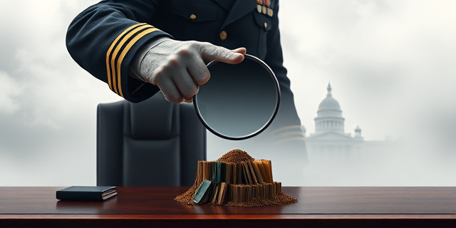Una ilustración conceptual y satírica. Un escritorio de madera oscura y lujosa donde una mano con un uniforme militar imponente sostiene una lupa que, en lugar de ampliar, aplasta un pequeño hormiguero hecho de expedientes judiciales. Al fondo, la silueta de un edificio gubernamental envuelta en una niebla densa y grisácea. Estilo editorial de revista política, colores contrastados, atmósfera opresiva.