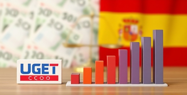 Una imagen conceptual que represente la relación entre los sindicatos y el Gobierno, con un fondo de billetes y una balanza que simboliza la justicia o la equidad, y en primer plano, logotipos de UGT y CCOO junto a un gráfico de barras que muestra el aumento de la financiación pública.