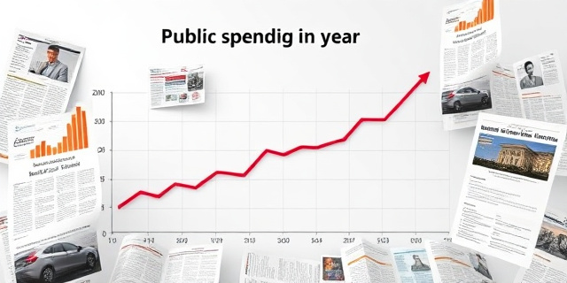 Un gráfico que muestra el aumento del gasto público en España, con una línea que sube significativamente en los dos primeros meses del año, rodeado de noticias y titulares que hablan de la prórroga presupuestaria y la ingeniería presupuestaria