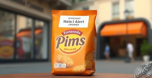 Una imagen de una bolsa de galletas Pims Naranja de la marca Fontaneda con un aviso de alerta sanitaria en la parte superior que indica 
