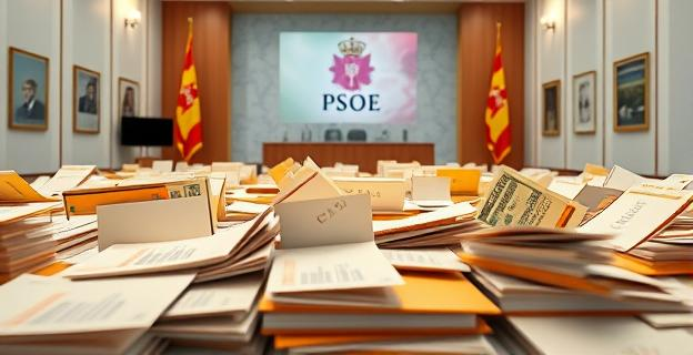 Una imagen de una sala llena de documentos y sobres con dinero en efectivo, con un fondo de una sede política con el logotipo del PSOE