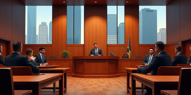 Una sala de tribunal con un juez y abogados, con un fondo de una ciudad moderna y edificios corporativos