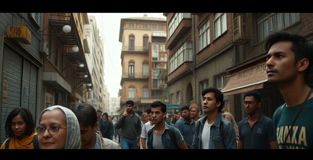 Una escena callejera urbana con personas de diferentes etnias y un edificio antiguo al fondo, con una atmósfera tensa y un tono de protesta social.
