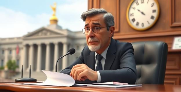 Imagen de un político dimitido en un escritorio con papeles y un micrófono, con un fondo de un edificio institucional y un reloj que marca una fecha próxima