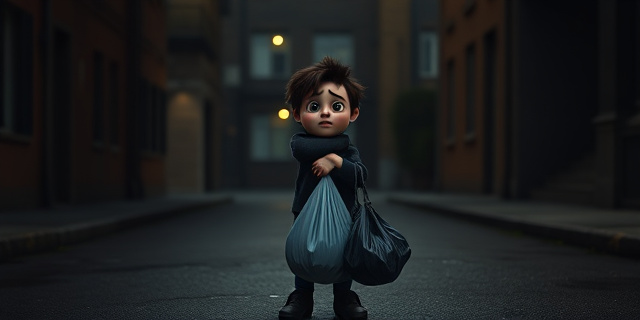 Una imagen de una persona sola en una calle oscura, con una bolsa de basura en la mano y una mirada de desesperanza en el rostro