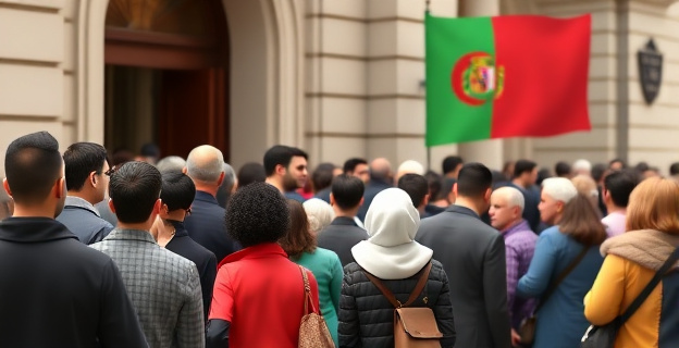 Una multitud de personas de diferentes edades y etnias haciendo cola fuera de un consulado o ayuntamiento, con banderas de España y Argelia al fondo. El ambiente es de espera expectante.