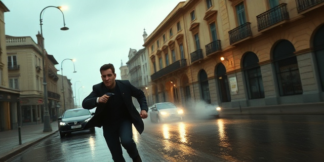 Una escena de persecución policial en las lluviosas calles de Cáceres, con un agente y un joven fugitivo corriendo bajo luces de faroles, una pistola en mano, humo y destellos de disparos al aire, edificios judiciales de fondo.