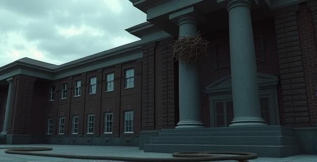 Un edificio institucional de aspecto sobrio y robusto, con paredes de ladrillo o piedra, en cuya fachada se observan restos de un nido de ave en una columna. Una manguera de bomberos está enrollada en el suelo, cerca del edificio. El cielo está ligeramente nublado y el ambiente transmite una sensación de quietud tensa.