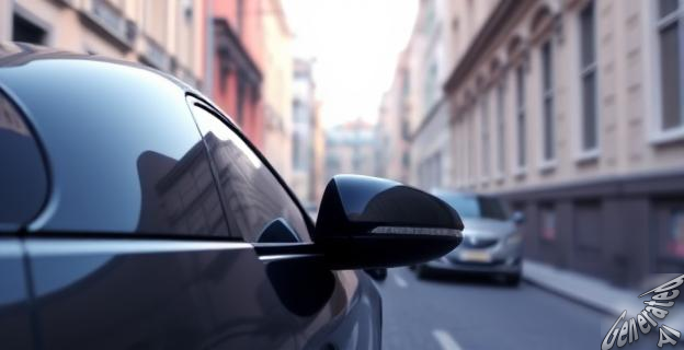 Imagen de un coche aparcado con los espejos retrovisores desplegados en una calle estrecha con otros vehículos cerca