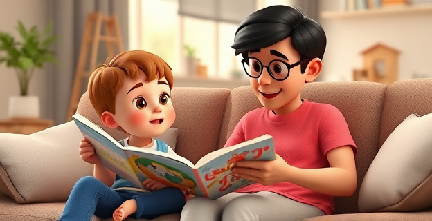 Una escena cotidiana en una casa donde un niño y un adulto están sentados en el sofá, leyendo un cuento juntos. El niño mira al adulto con curiosidad mientras éste señala una imagen en el libro, simulando una conversación sobre las emociones de los personajes.