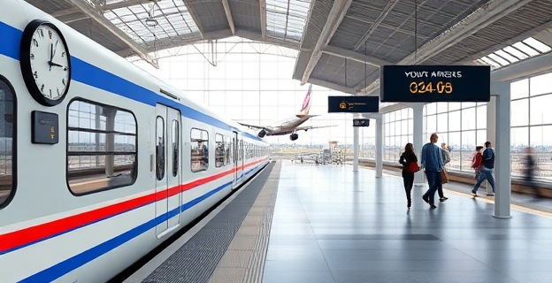 Imagen de un tren de alta velocidad detenido en una estación desierta, con un reloj en la pared marcando una hora de llegada atrasada. Al fondo, un avión despegando en un aeropuerto con pasajeros apresurándose.