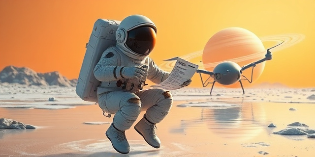 Una ilustración conceptual y satírica de un astronauta con un traje futurista pero desgastado, sosteniendo una factura de gastos mientras flota sobre un lago de metano líquido en una luna alienígena. Al fondo, un dron nuclear con forma de libélula y el planeta Saturno dominando el cielo anaranjado y brumoso. Estilo de arte digital detallado, atmósfera fría y surrealista.