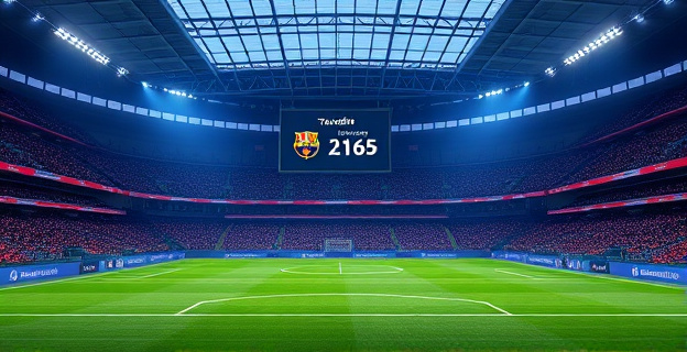 Un estadio de fútbol vacío con un marcador que muestra una cantidad muy baja de gasto en fichajes, mientras que en el fondo se ven estadios llenos y con grandes cantidades de dinero moviéndose