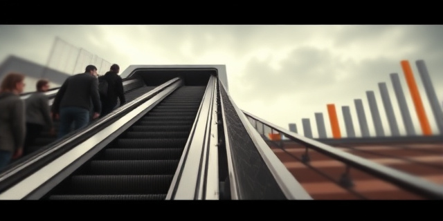 Una escalera mecánica que sube lentamente, con personas intentando alcanzar una plataforma superior que se aleja constantemente. Fondo difuminado con gráficos de barras descendentes y un cielo gris. Estilo pictórico impresionista, colores apagados y texturas que sugieran desilusión y esfuerzo inútil.