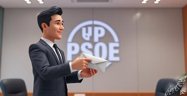 Un hombre en traje entregando un sobre de dinero a otro hombre en un despacho con un logotipo del PSOE al fondo.