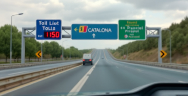 Una autopista con peaje en Cataluña, con un cartel que indica el precio del peaje y un conductor que se niega a pagar, reflejando la tensión entre el Govern de Cataluña y los conductores que se oponen a los peajes.