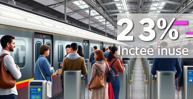 Imagen de un tren de Cercanías en una estación con un gran número de pasajeros usando sus tarjetas de transporte en las máquinas validadoras. Al fondo, un gran gráfico mostrando un aumento del 23% en el uso del transporte público.
