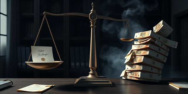 Una ilustración satírica de estilo editorial. Un escritorio de oficina burocrática oscura donde una balanza de justicia está totalmente inclinada hacia un lado. En el plato más pesado, una hoja de papel con un sello dorado y una firma elegante; en el plato vacío, una pila de expedientes técnicos ignorados. De fondo, billetes de euros transformándose en humo. Colores contrastados, sombras dramáticas, estilo caricatura política de periódico serio.